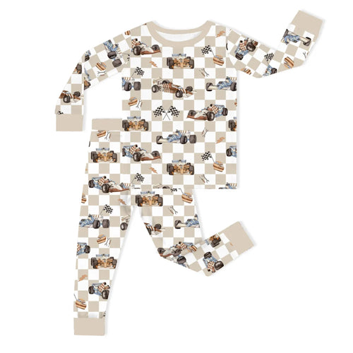 Khaki Checkered Race Truck and Flags Kids Bamboo Two-Piece Pajama Set