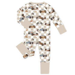 Khaki Checkered Race Truck and Flags Bamboo Zipper Romper Pajamas
