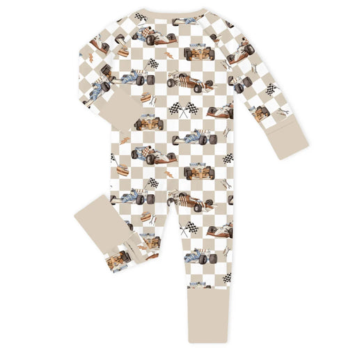Khaki Checkered Race Truck and Flags Bamboo Zipper Romper Pajamas