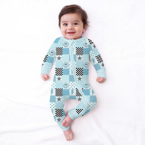 Electric Smiley Check Bamboo Zipper Romper Pajamas