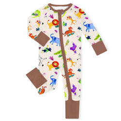 Wild Safari Party Lions Zebras and Friends Bamboo Zipper Romper Pajamas