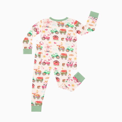 Valentine Farm Adventure Ride and Hearts Green Kids Bamboo Two-Piece Pajama Set