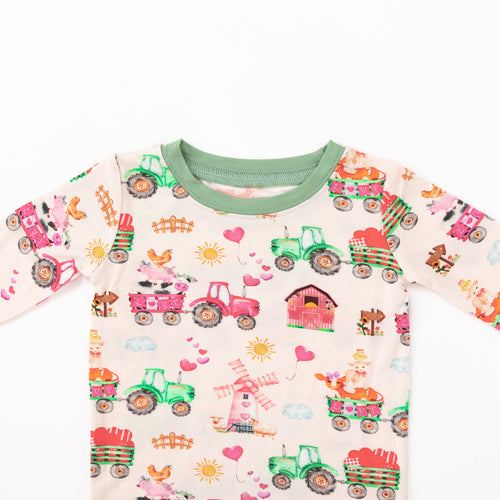 Valentine Farm Adventure Ride and Hearts Green Kids Bamboo Two-Piece Pajama Set