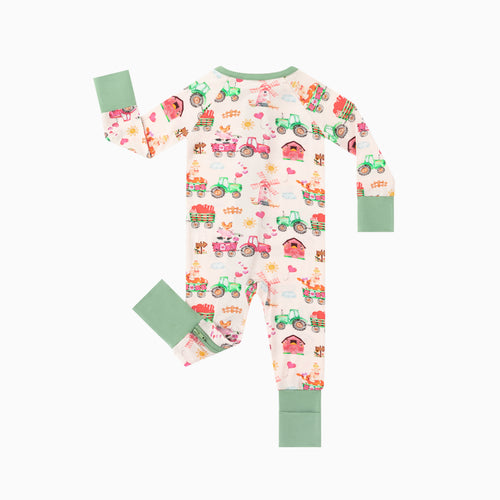 Valentine Farm Adventure Ride and Hearts Green Bamboo Zipper Romper Pajamas