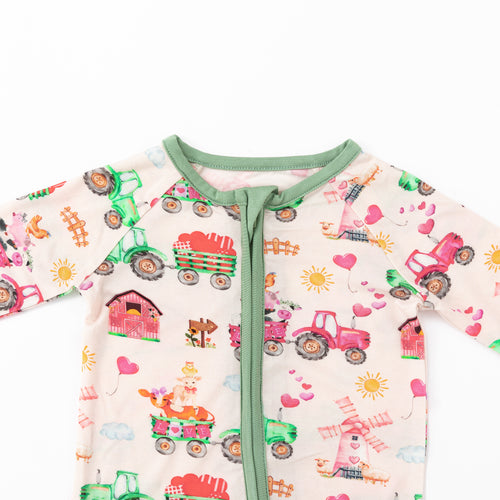 Valentine Farm Adventure Ride and Hearts Green Bamboo Zipper Romper Pajamas