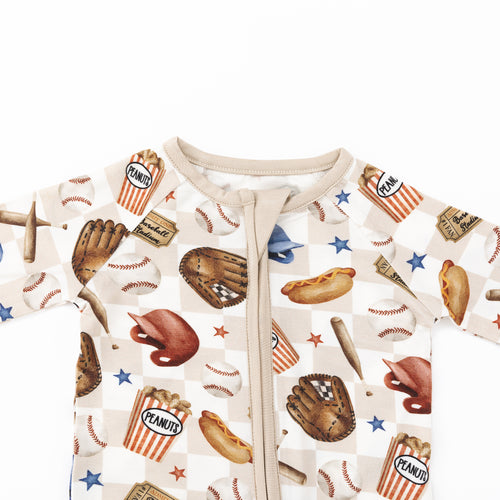 Khaki Plaid Baseball Snack Adventure Bamboo Zipper Romper Pajamas