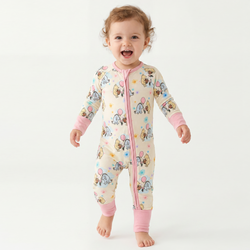 Lovely Pink Bear Bamboo Fiber Newborn Baby Long Sleeve Zipper Bodysuit