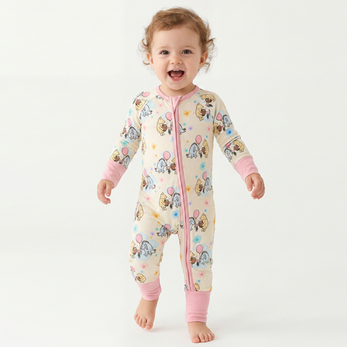 Lovely Pink Bear Bamboo Fiber Newborn Baby Long Sleeve Zipper Bodysuit