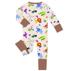 Wild Safari Party Lions Zebras and Friends Bamboo Zipper Romper Pajamas
