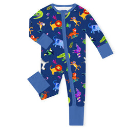 Wild Safari Party Lions Zebras and Friends Blue Bamboo Zipper Romper Pajamas