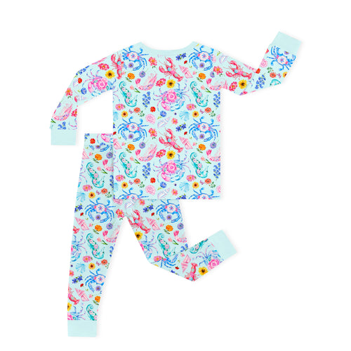 Ocean Coastal Blooms Blue Kids Bamboo Two-Piece Pajama Set