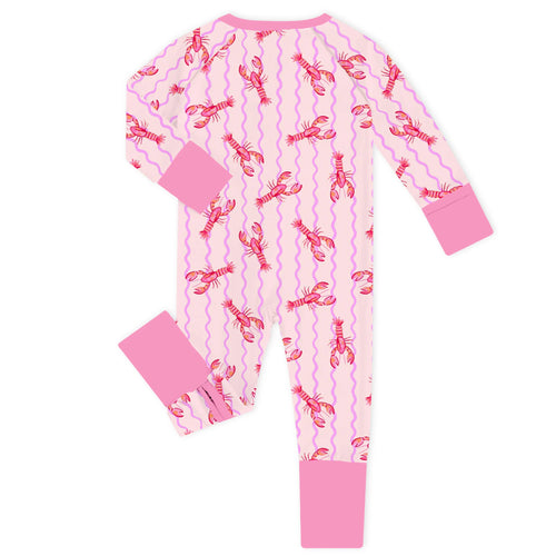 Pink Coastal Lobster Rose Pink Bamboo Zipper Romper Pajamas