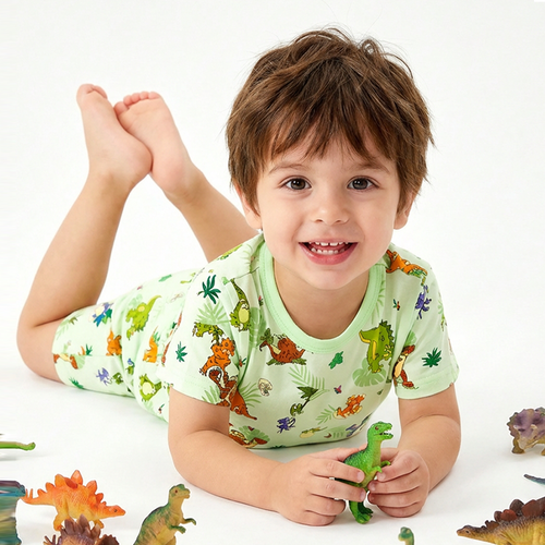 Prehistoric Dino Pals Jungle Playtime Sage Green Bamboo Two-Piece Pajama Short Sleeve Set