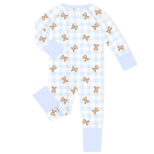 Teddy & Gingham Bamboo Zipper Romper Pajamas