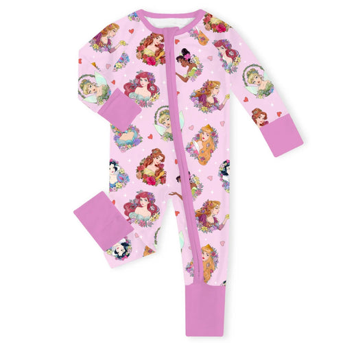 Garden Floral Princess Dreams on Pink Baby Bamboo Zipper Romper Pajamas