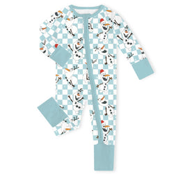 Christmas Big Face Snowman Green Checkered Baby Bamboo Zipper Romper Pajamas