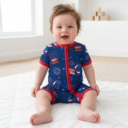 4th of July Red White Fireworks and Truck Short Bamboo Zippy Baby Romper