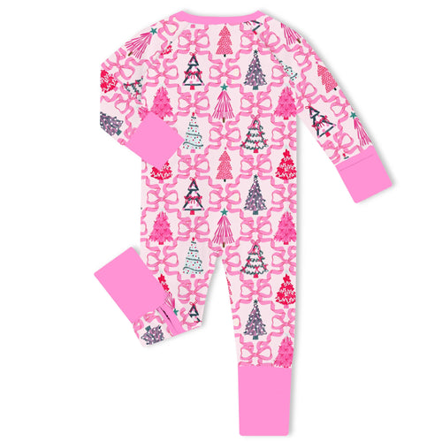 Christmas Coquette Bow Trees Bamboo Zipper Romper Pajamas
