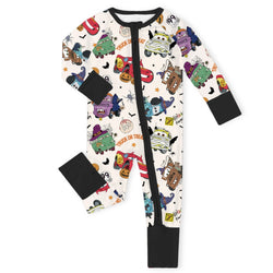 Halloween Car Pumpkin White Baby Bamboo Zipper Romper Pajamas