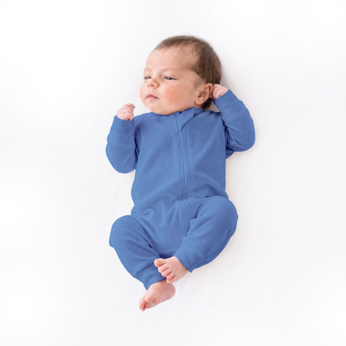 French Blue Solid Bamboo Zipper Romper Pajamas
