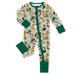 Christmas Mouse and Duck Pals on Forest Green Baby Bamboo Zipper Romper Pajamas