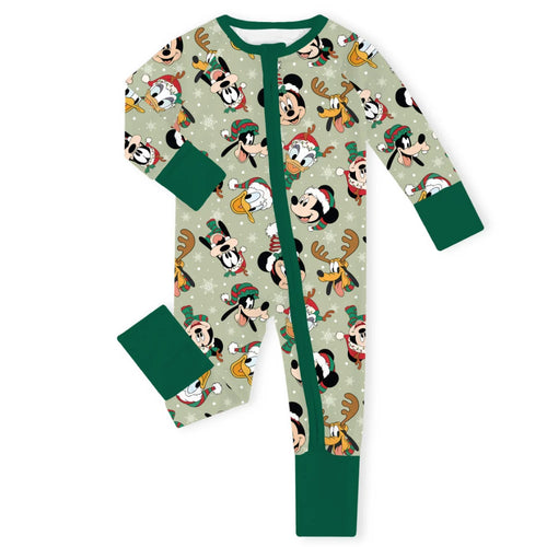 Christmas Mouse and Duck Pals on Forest Green Baby Bamboo Zipper Romper Pajamas