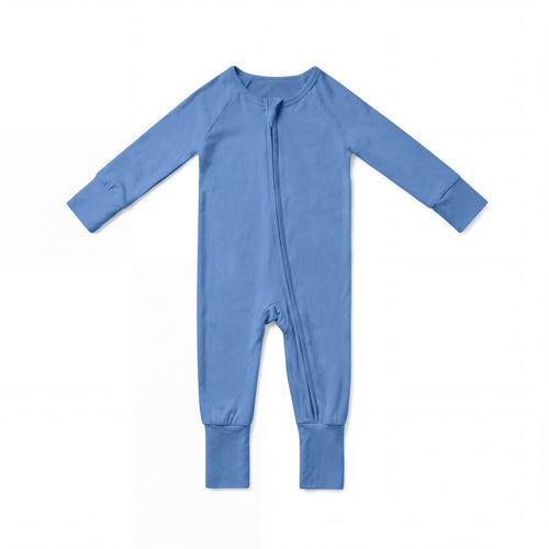 French Blue Solid Bamboo Zipper Romper Pajamas