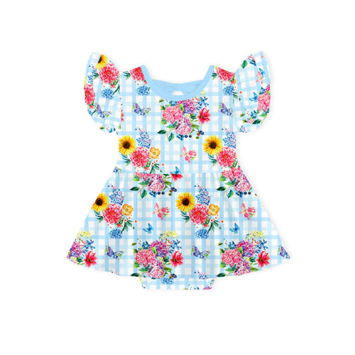 Gingham Garden Bouquet Long Sleeve Twirl Dress With Bodysuit
