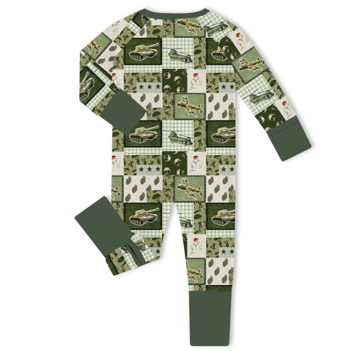 Vintage Military Patchwork Bamboo Zipper Romper Pajamas