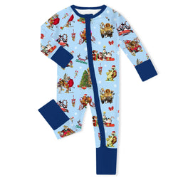 Christmas Safari Park Friends Adventure on Navy Blue Baby Bamboo Zipper Romper Pajamas
