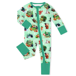 Christmas Mint Holiday Truck and Animal Friends Baby Bamboo Zipper Romper Pajamas
