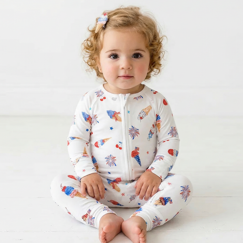 4th of July Ice Cream and Fireworks Bamboo Zipper Romper Pajamas