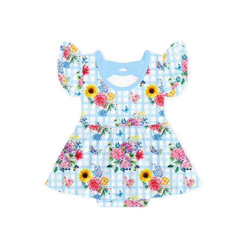 Gingham Garden Bouquet Long Sleeve Twirl Dress With Bodysuit