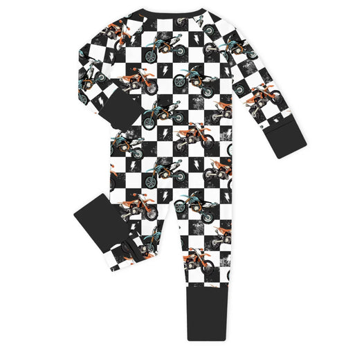 Black-White Checkered Motorcycle and Lightning Bamboo Zipper Romper Pajamas