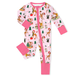 Christmas Pink Deer and Woodland Pals Baby Bamboo Zipper Romper Pajamas