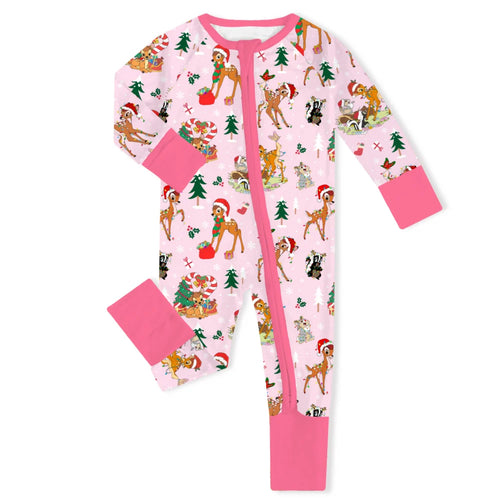 Christmas Pink Deer and Woodland Pals Baby Bamboo Zipper Romper Pajamas