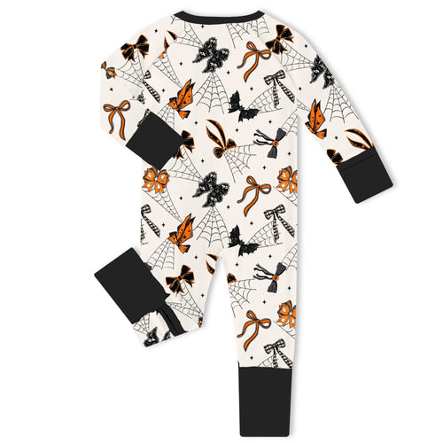 Halloween Spider Web Bow Bamboo Zipper Romper Pajamas