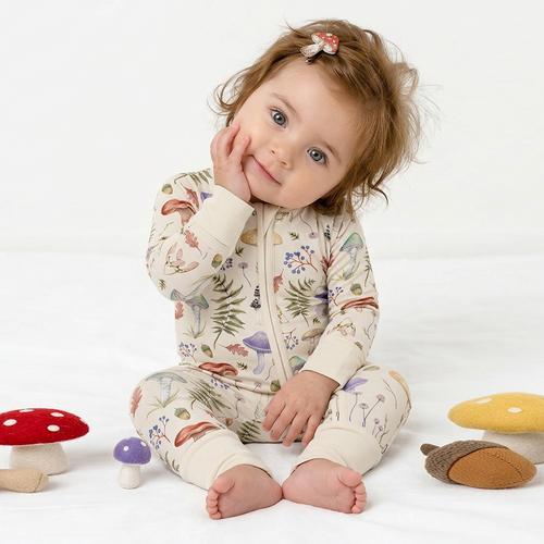 Mushroom Magic Meadow Adventure Bamboo Zipper Romper Pajamas