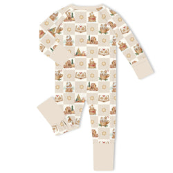 Christmas Gingerbread Village Beige Bamboo Zipper Romper Pajamas