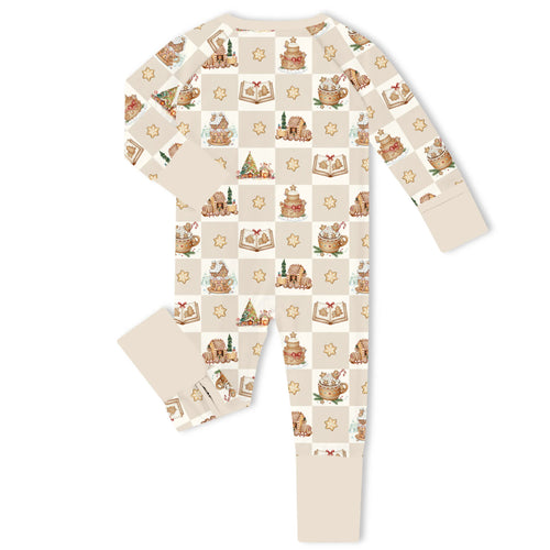 Christmas Gingerbread Village Beige Bamboo Zipper Romper Pajamas