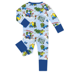 Christmas Blue Car Farm Baby Bamboo Zipper Romper Pajamas