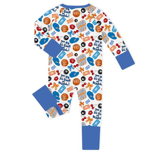 Playful Sports and Sweet Bow Lip Blue Bamboo Zipper Romper Pajamas