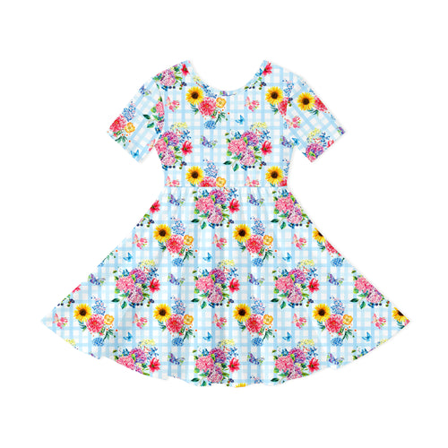 Gingham Garden Bouquet Kid Bamboo Long Sleeve Dress