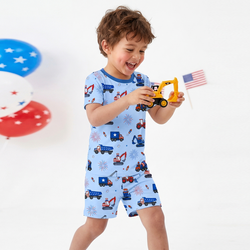 4th of July Stars Truck and Fireworks Blue Bamboo Two-Piece Pajama Short Sleeve Set