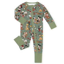 Christmas Merry Mouse & Pup Squirrel Pals on Sage Baby Bamboo Zipper Romper Pajamas