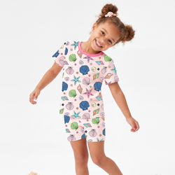 Colorful Ocean Shells and Stars Playtime Pink Kids Bamboo Two-Piece Pajama Short Sleeve Set