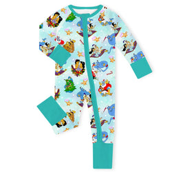 Christmas Blue Genie and Royal Couples Baby Bamboo Zipper Romper Pajamas