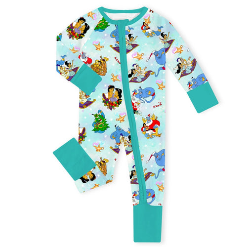 Christmas Blue Genie and Royal Couples Baby Bamboo Zipper Romper Pajamas