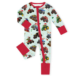 Christmas Colorful Truck Ride Game on Red Baby Bamboo Zipper Romper Pajamas