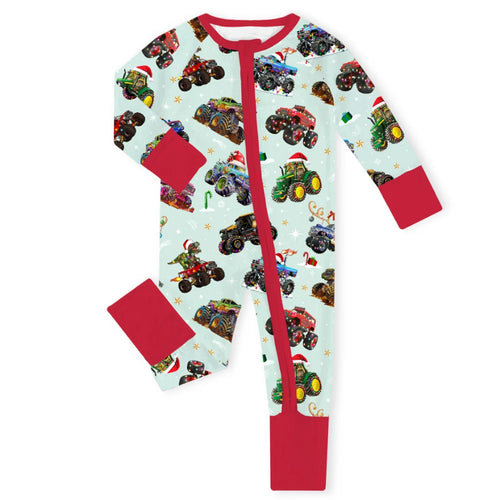 Christmas Colorful Truck Ride Game on Red Baby Bamboo Zipper Romper Pajamas